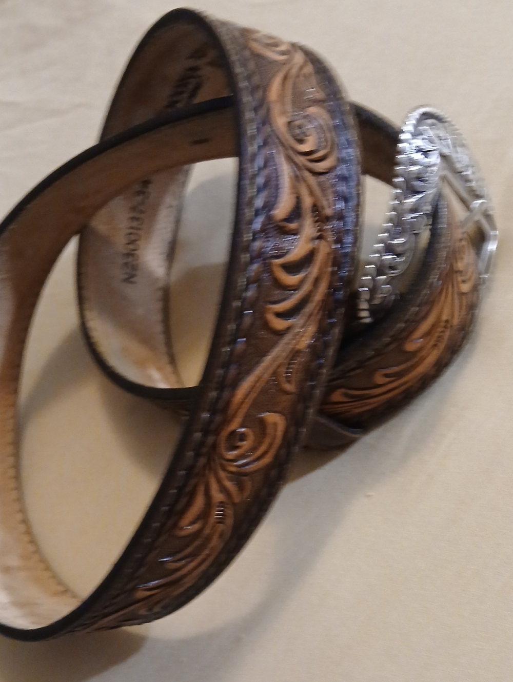 Nocona Tooled Brown Leather Western Belt with Silver Buckle